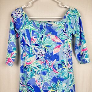 Lilly Pulitzer Dress XS Blue Multicolor Off Shoulder Tropical Fish Starfish